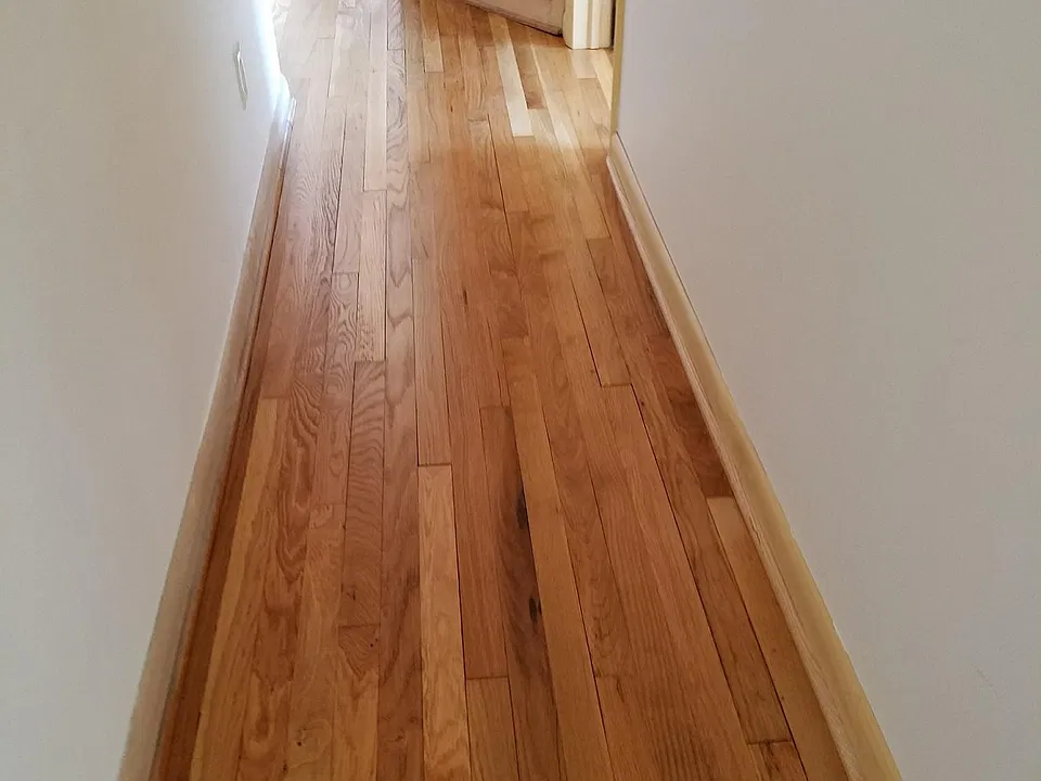 hallway coming from kitchen area leading to bedrooms and bath room.
