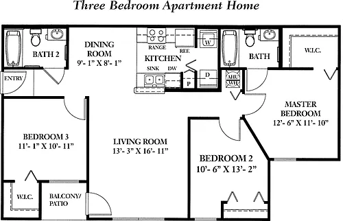 Floor plan 3 Bedroom 2 Bath