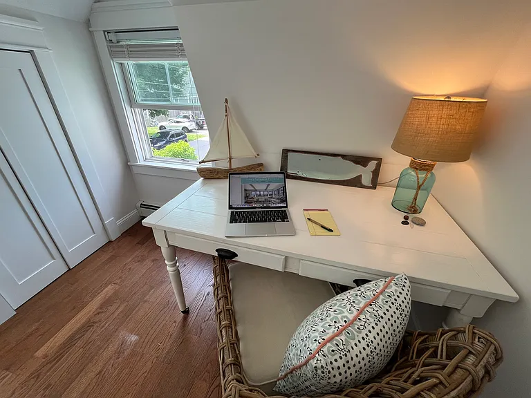 Desk can be set up in sunny queen bedroom, upon request. Dresser moves to right side wall.