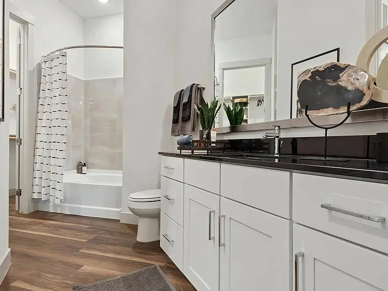 Apartment Bathroom Featuring Shower and Cabinetry Storage