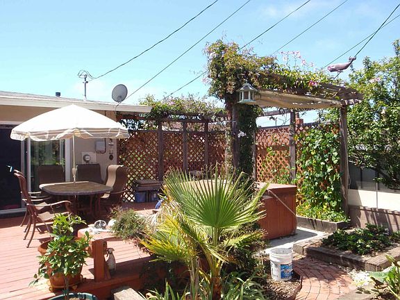 Redwood deck in backyard