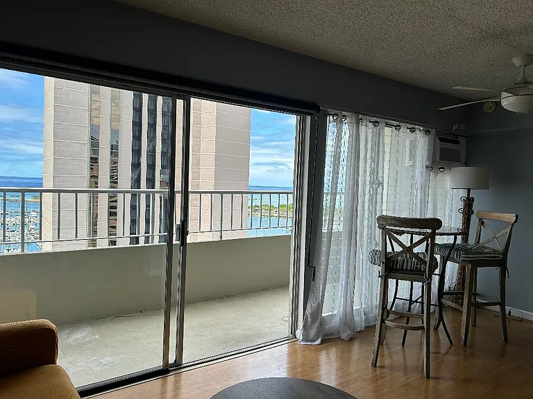 Ocean Side Patio with Ala Moana Beach Park in the View. (Table and Chairs not included in rental)