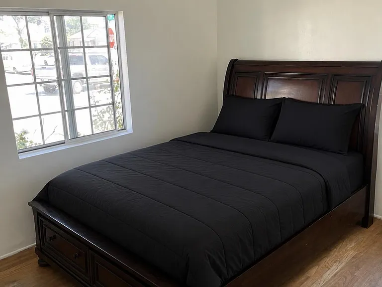 Furnished bedroom featuring a queen bed, hardwood floors, and a large window for natural light plus a ceiling fan.