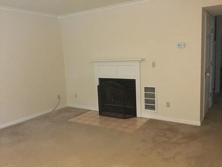 Living room with wood burning fireplace. Carpet is being replaced by luxury vinyl plank.