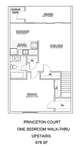 Floor plan Princeton Court- 1 Bed 1 Bath Upstairs Walk Thru