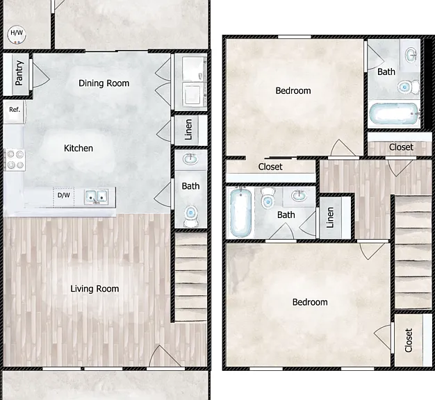 2 Bed 2.5 Bath Townhouse Floorplan Diagram