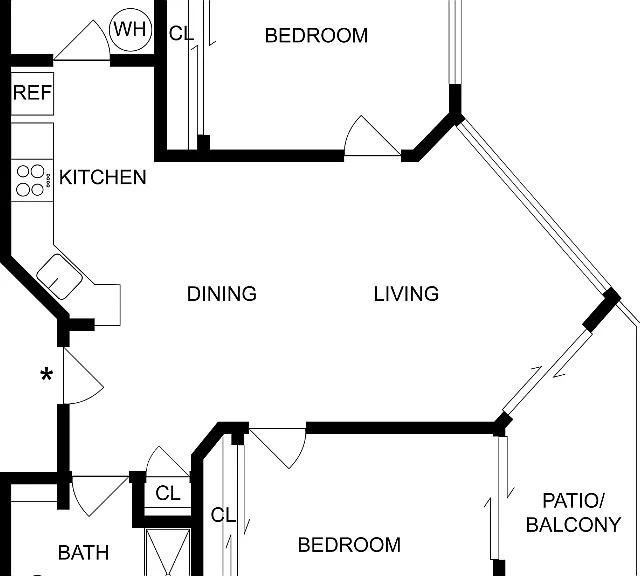 2 Bedroom 1 Bathroom Floorplan Diagram