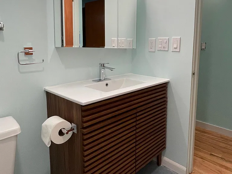 New bath vanity, mirrored medicine cabinet, great lighting.