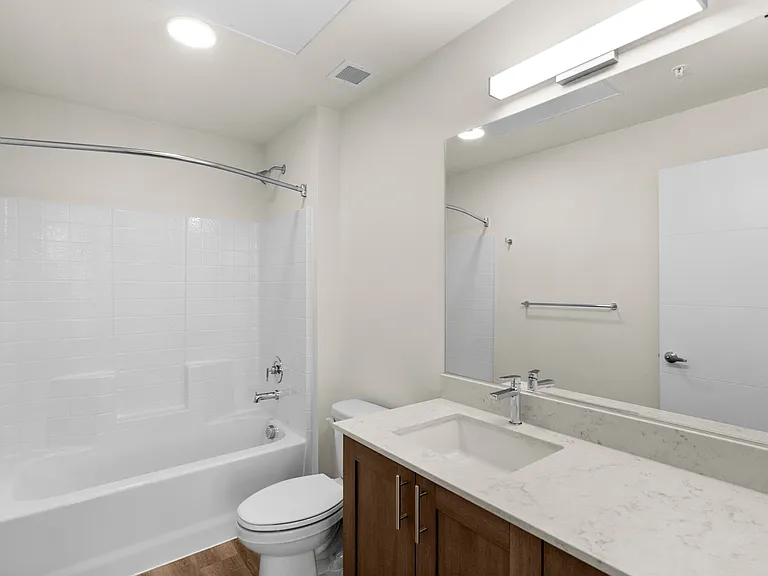Bright, modern bathroom with a tub_shower combo, warm wood-style cabinetry, and recessed lighting. Bright, modern bathroom with a tub_shower combo, warm wood-style cabinetry, and recessed lighting.