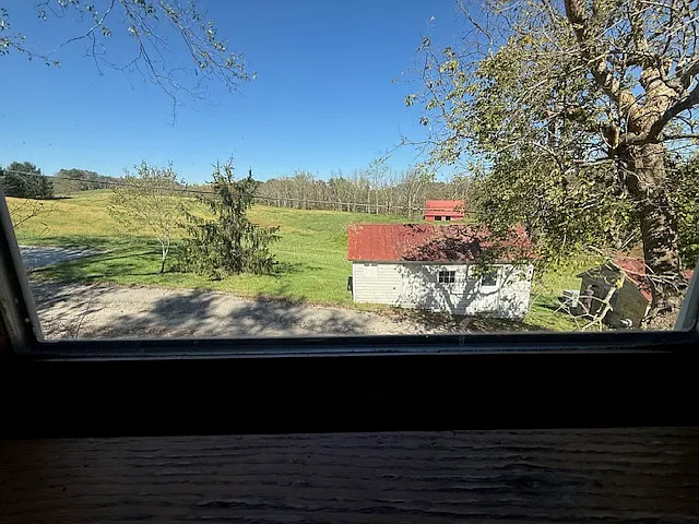 View out the kitchen window at the sink.