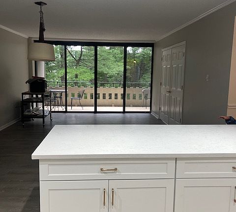 View into living room from kitchen island.