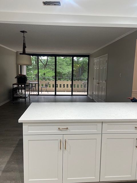 View into living room from kitchen island.