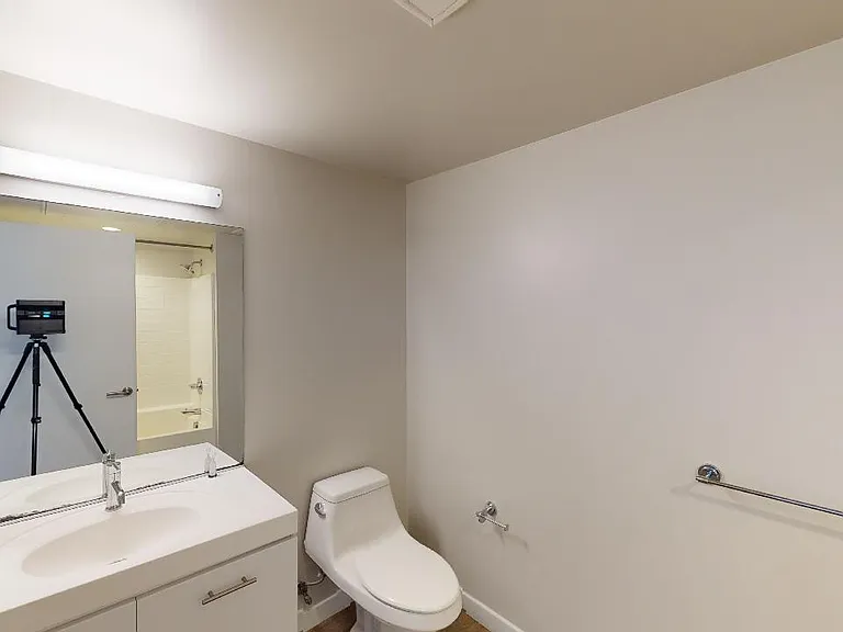 Apartment bathroom with wood-style flooring.