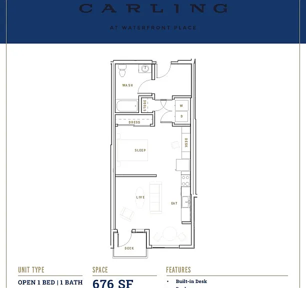 Explore The Carling's stylish layout with an open 1-bedroom configuration for modern waterfront living. Explore The Carling's stylish layout with an open 1-bedroom configuration for modern waterfront living.