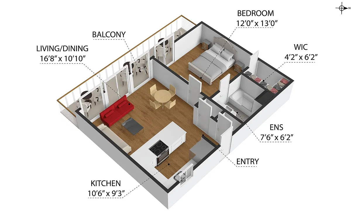 Floor plan 1 Bedroom, 1 Bathroom (A)