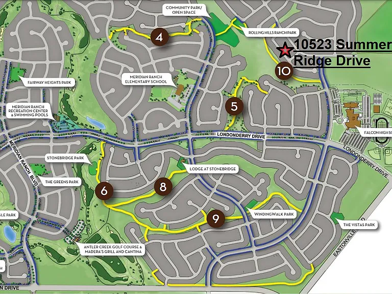Location of this property in Meridian Ranch, bike path in yellow.