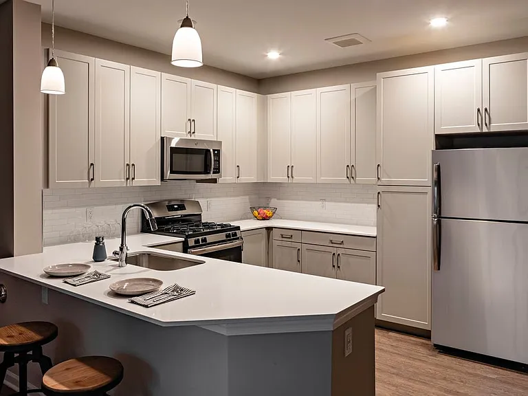 Modern kitchens with grey cabinetry, white quartz countertops, tile backsplash, stainless steel appliances, and hard surface flooring