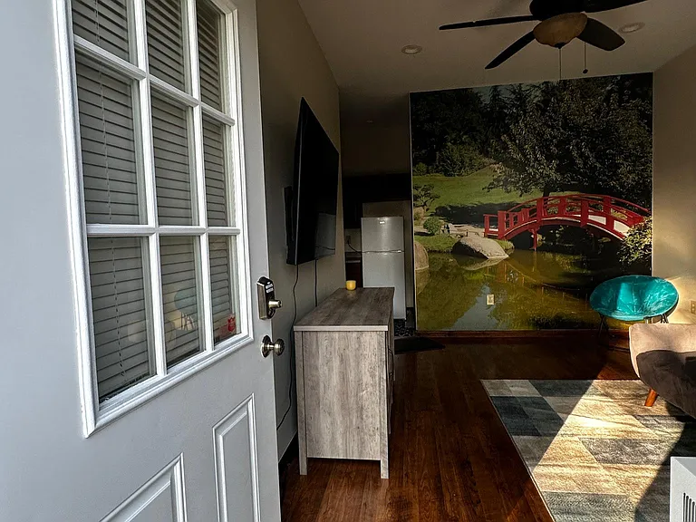 Open front door leads into your living area -sectional/sofa facing natural light or TV- add table? Desk? you decide