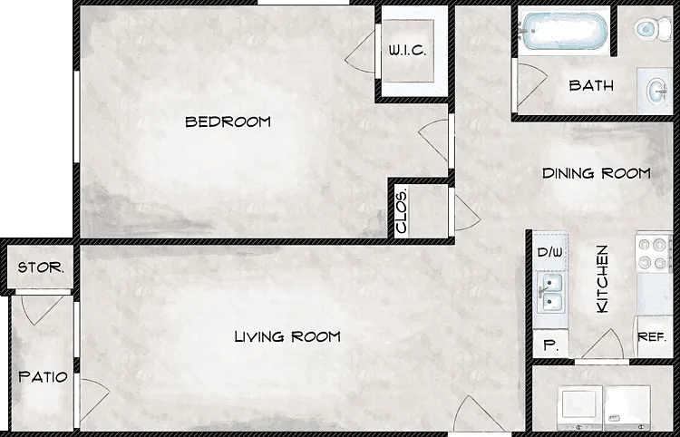 1 Bed 1 Bath Floorplan Diagram