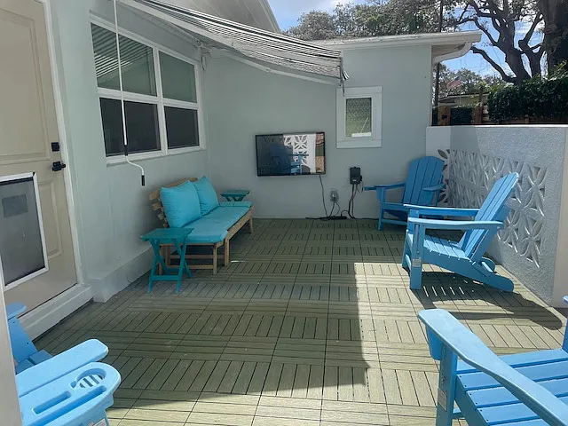 Breeze Block Porch with Sunshade and Composite Floor. Power for TV