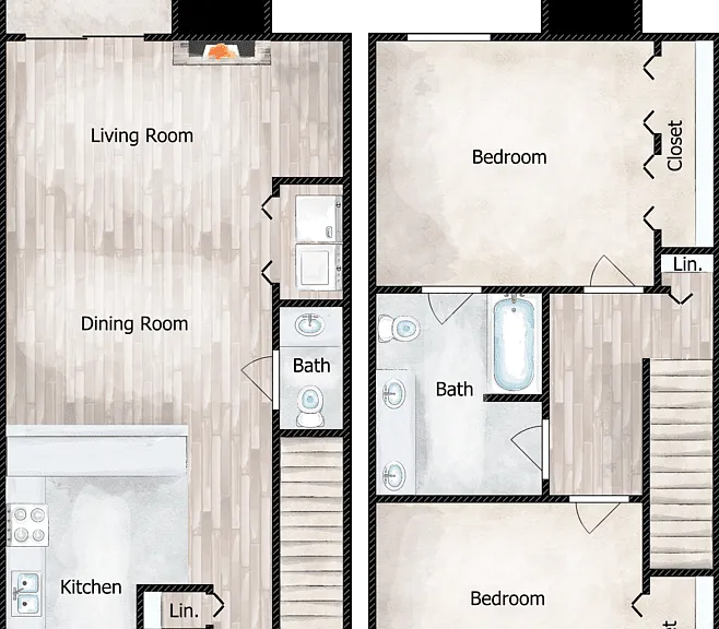 2 Bed 1.5 Bath Townhome Floorplan Diagram