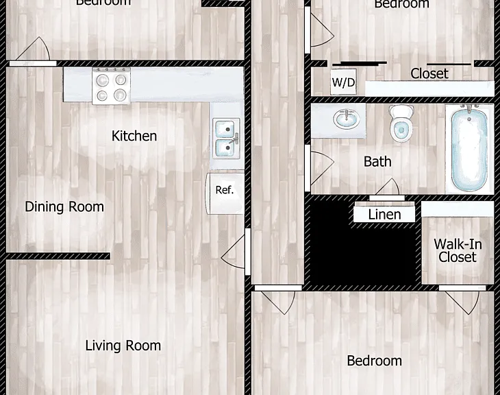 3 Bed 1 Bath Middle Floorplan Diagram