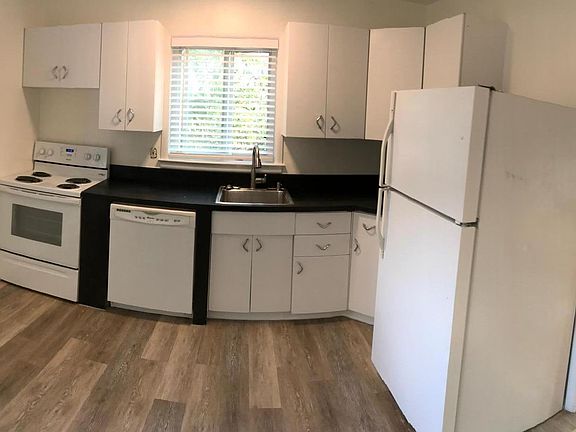 Kitchen with new flooring, lighting and fixtures