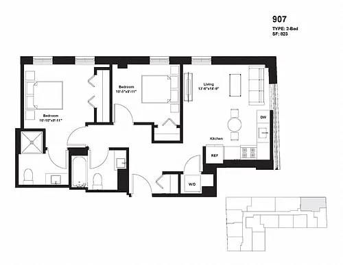 Floor plan Unit 907 / One Bedroom Deluxe