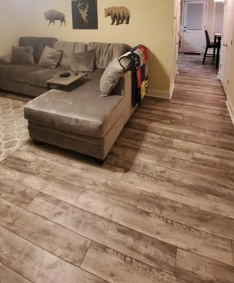 Living room with new gray couch.