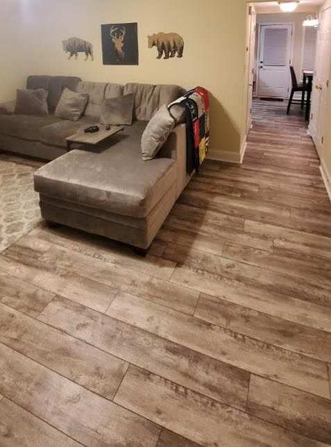 Living room with new gray couch.