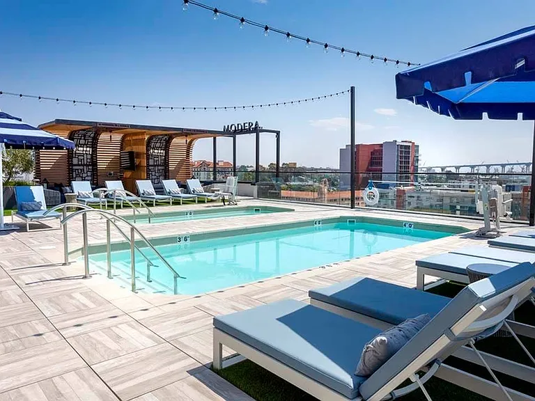 Views of the Coronado Bridge, Bay & San Diego skyline from the rooftop pool deck
