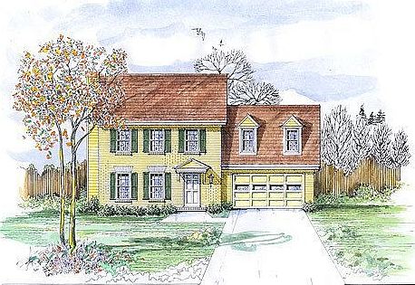 Reversed, Has full front porch, No Dormers. Gray siding/Green Roof & shutters.