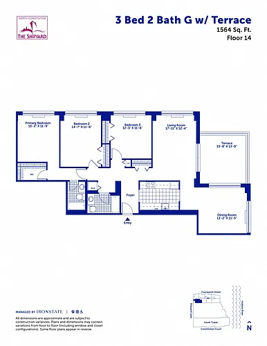 Floor plan 3 Bed 2 Bath G with Terrace