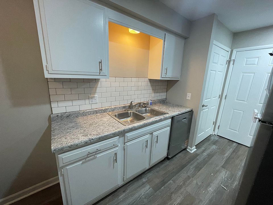 Kitchen with newly added dishwasher, freshly painted cabinets with new hardware, new tile backsplash and new flooring