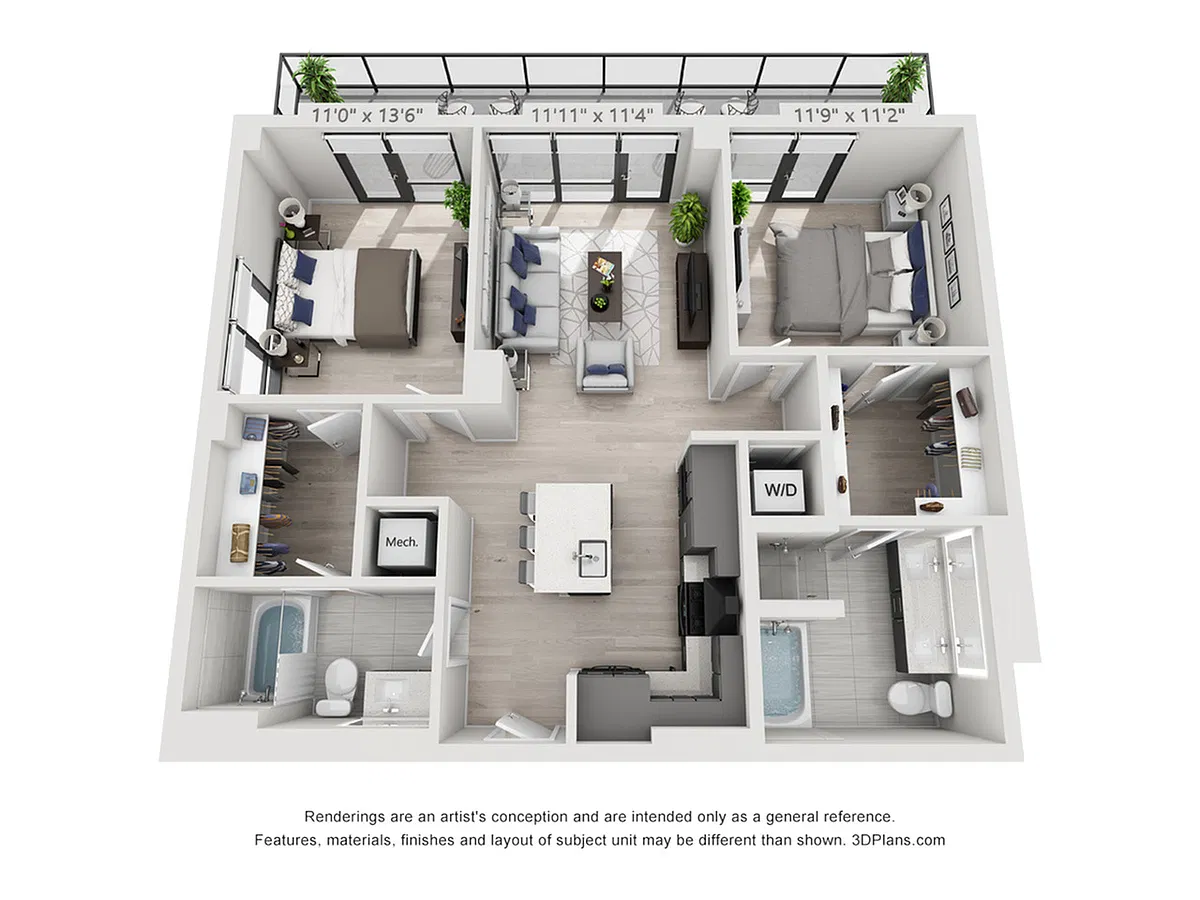 Floor plan Two Bedroom Two Bath Penthouse (1,056 SF)