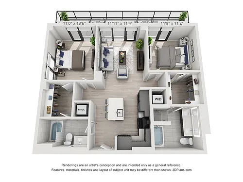 Floor plan Two Bedroom Two Bath Penthouse (1,056 SF)