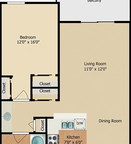 1 Bed 1 Bath Floorplan Diagram