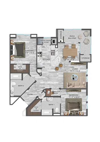 Floor plan Castello - Two Bedrooms/Two Bath 1162 Sq Ft