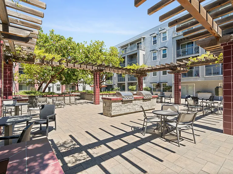 Spacious BBQ area with built-in grills and shaded seating, ideal for outdoor cooking and casual community dining.