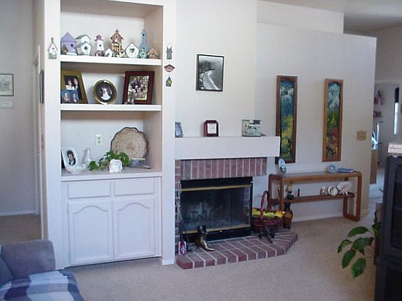 Corner fireplace, built in cabinet, plant shelving 
