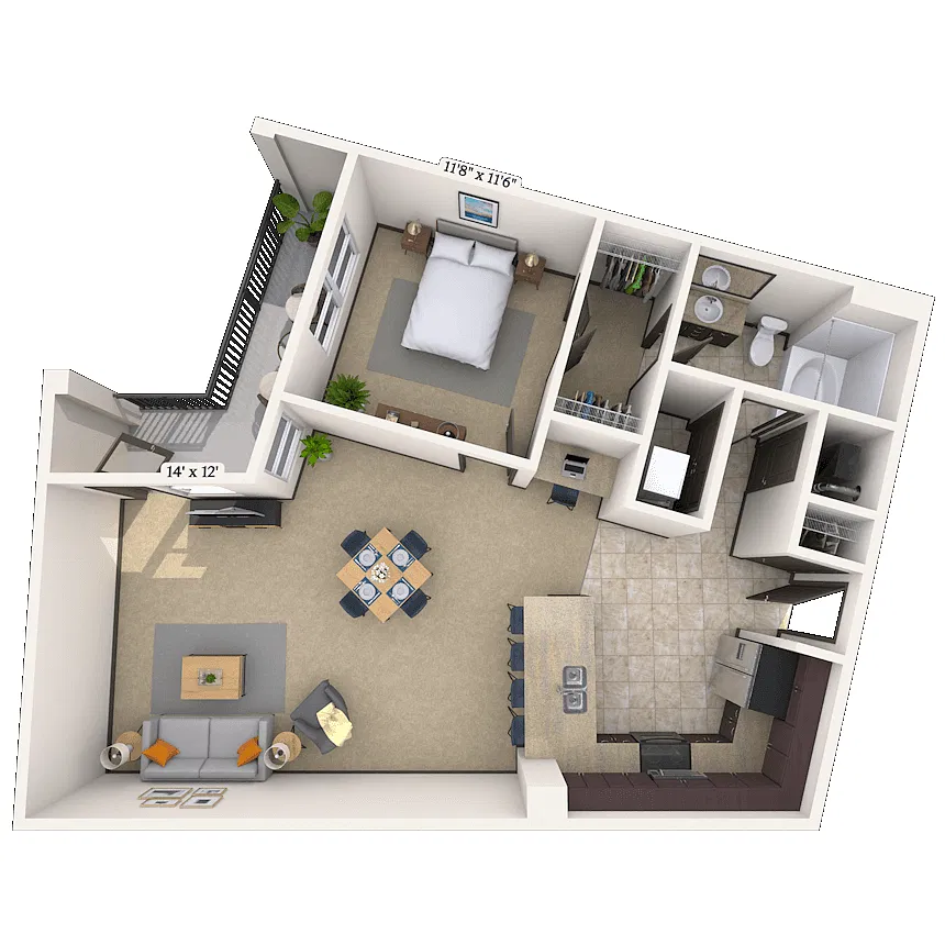Floor plan Traditional 1x1 874 SF