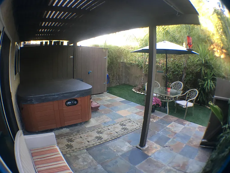 Private enclosed yard with fountain and beautiful mature vegetation. Double sized private shed. Slate tile. Totally private. Gate exists to access rarely used grassy side yard.