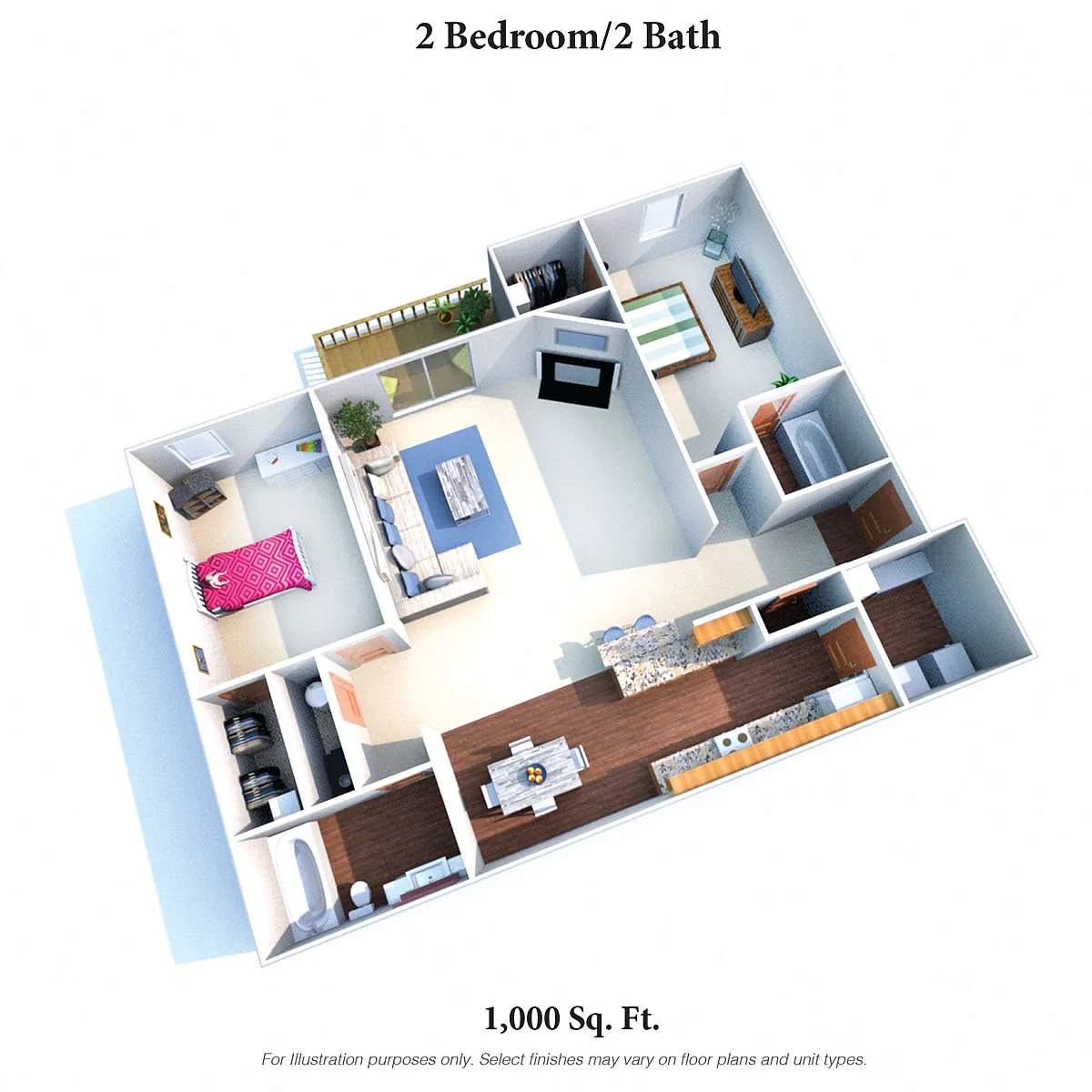 Floor plan The Meadowlark: Two Bedroom Two Bath - 1,000SqFt
