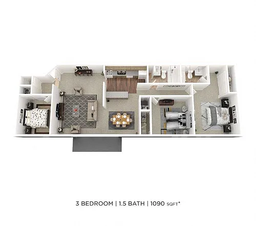 Floor plan Three Bedroom 1.5 Bath - 1,090 sqft