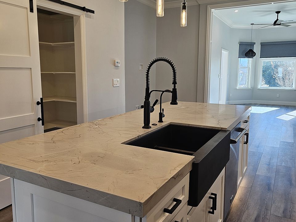 Quartzite countertops and Farm sink.