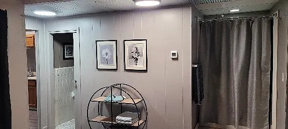 View from head of bed to toilet room and shower.