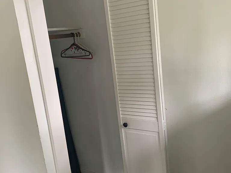 Tall closet with Water heater, clothing rack, upper section for storage.