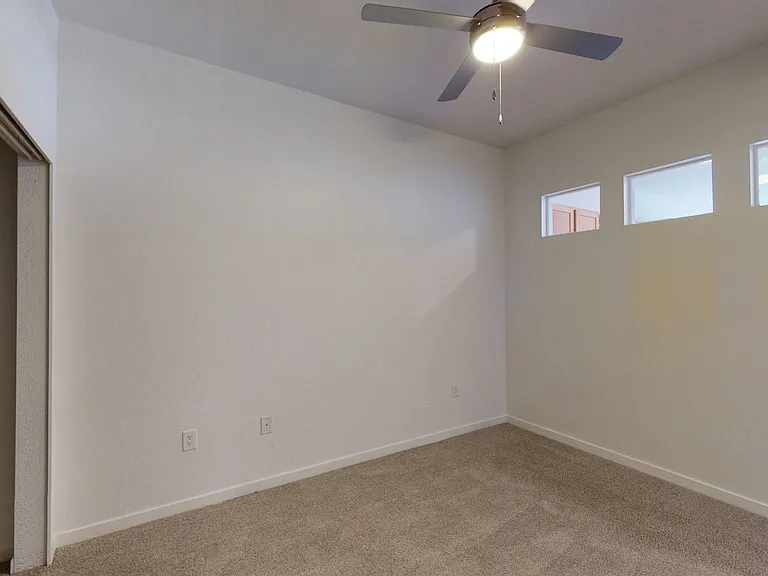Spacious apartment bedroom with plush carpet flooring.