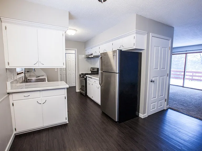 Kitchen and living room.