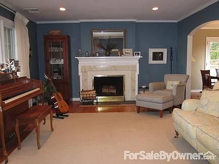 Living Room with wood-burning fireplace